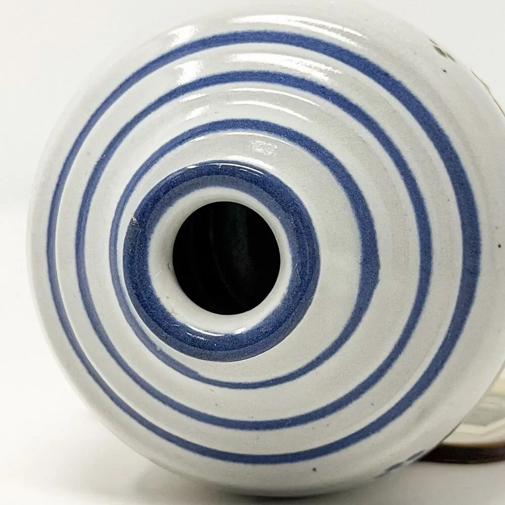 Signed Earthen Vessel Bud Vase Durango CO Studio Pottery Blue Stripe Floral